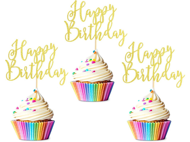 36 Pcs Happy Birthday Cupcake Toppers Birthday Cupcake Food Picks for Celebrating Happy Birthday Party Cake Decorations Supplies - Gold Glitter