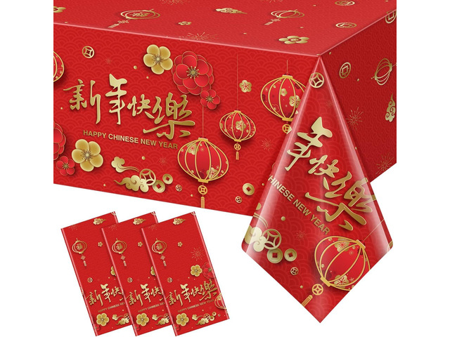 3Pack Chinese New Year Plastic Tablecloth Disposable 2026 Happy New Year Party Table Cloth Rectangle Table Covers for Lunar Horse Chinese Spring...