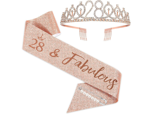 BRT Bearingshui Rose Gold Fabulous Tiara Sash for Woman Birthday Party Favor Supplies