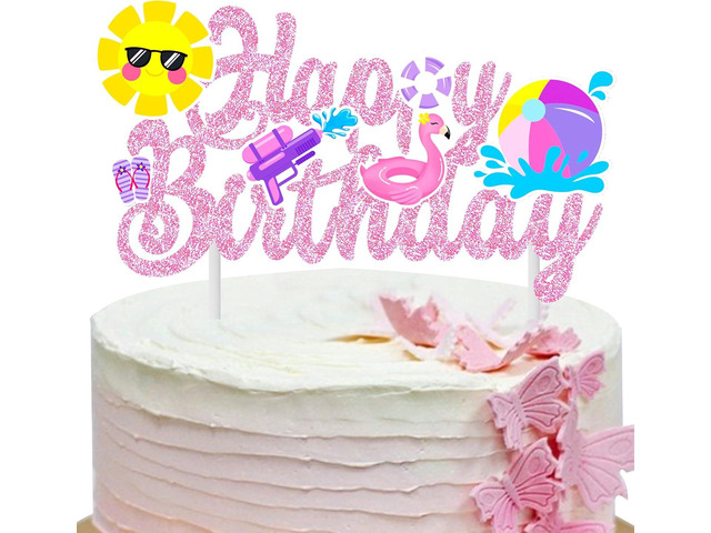 Pool Party Birthday Cake Topper Summer Pool Birthday Party Decorations Pink Glitter Summer Beach Happy Birthday Cake Topper Decorations for Boys...