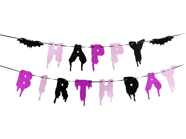 Halloween Happy Birthday Banner Bday Party Decoration, Glitter Bloody Hanging Garland with Spooky Bats, Halloween Theme Party Supplies, Indoor &...