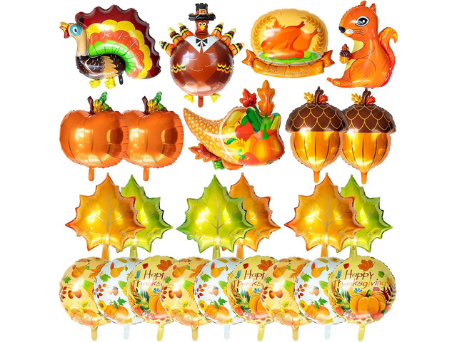 24Pcs Fall Balloons, Happy Thanksgiving Mylar Leaf Pumpkin Maple Squirrel Cones Foil Balloon for Party Decoration Supplies
