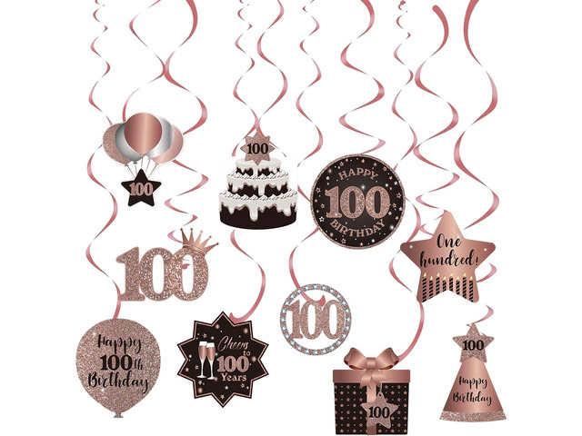 Happy 100th Birthday Party Hanging Swirls Streams Ceiling Decorations, Celebration 100 Foil Hanging Swirls with Cutouts for 100 Years Old Rose Gold...