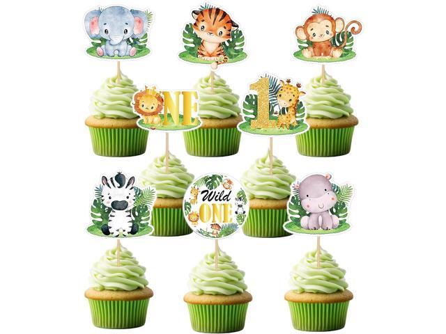 48-Piece Wild One Jungle Safari Cupcake Toppers Baby 1st Birthday Cake Picks for Boy & Girl Party Supplies