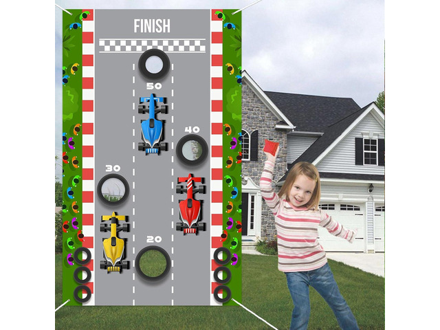 RaceCar F1 Toss Games Banner Backdrop Background Racing Race Car Check Flag Sports Theme Decorations Decor for Indoor Outdoor Birthday Party Race...