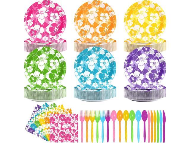 Nitial 240 Pcs Hibiscus Party Plates Napkins Hawaiian Theme Tableware Set for Luau Table Decorations Supplies Tropical Dessert Plates Forks for...