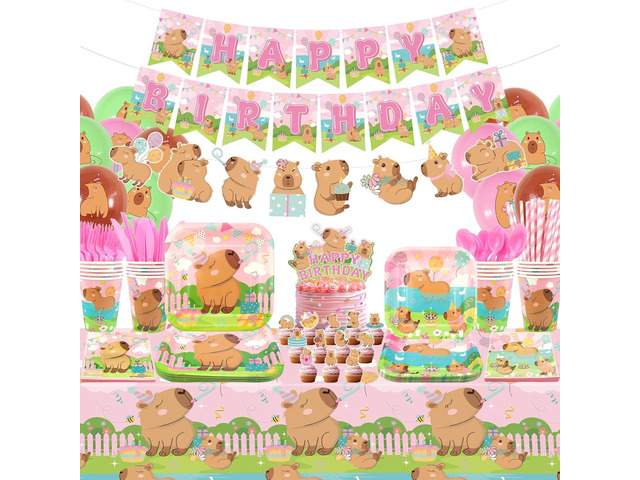 Pink Capybara Birthday Party Decorations - Capybara Party Supplies including Banner, Plate, Cake Topper, Cup, Napkin, Balloon, Tablecloth - Serves 20