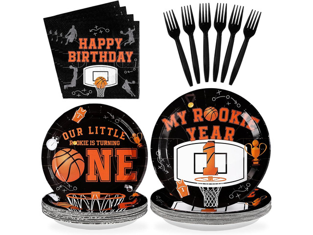 96Pcs Basketball 1st Birthday Party Supplies My Rookie Year First Plates and Napkins Disposable Basketball Theme 1st Tableware Set for Boys Kids...