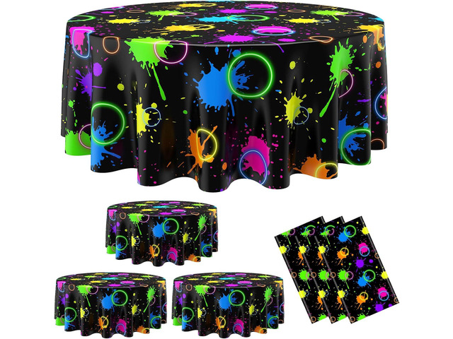 Oudain 6 Pcs Neon Party Table Cloths for Parties 84' Round Disposable Plastic Table Covers for Birthday Baby Shower 80s 90s Party Supplies Decor...