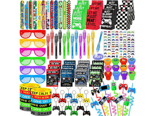 120 PCS Video Game Party Favors, Gamer Gaming Party Favors - Glasses Invisible Ink Pens Notebooks Drinking Straws Stamps Tattoo Stickers Gift Bags...
