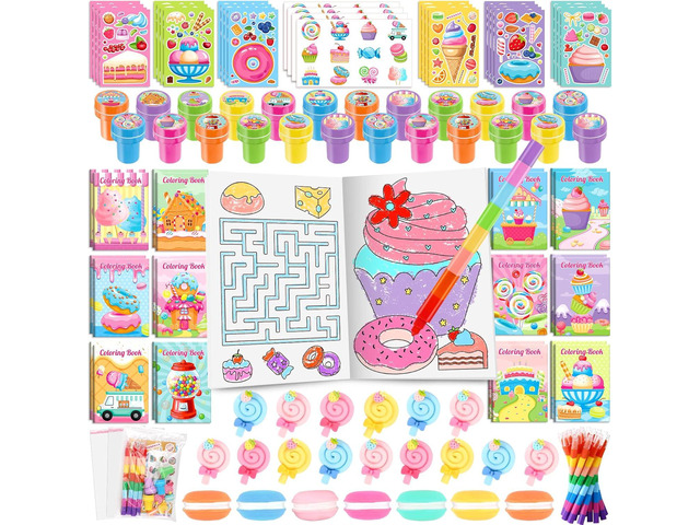 BenLouis 168Pcs Candyland Party Favors Ice Cream Donut Coloring Book Crayon Stickers Set Bulk for Kids Cupcake Lollipop Sweet Treats Birthday Gift...