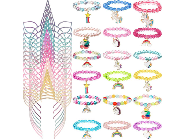 Yunsailing 36 Pcs Unicorn Party Favors Headbands for Girls Colorful Unicorn Bracelet Kids Gifts Rainbow Beaded Bracelets Horn Headband for Birthday...