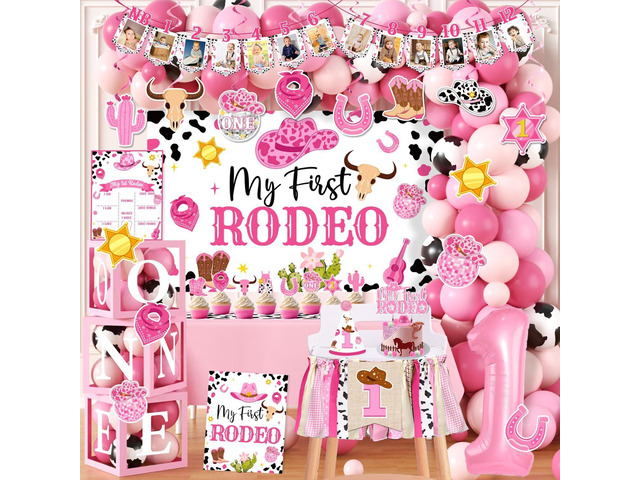 155Pcs My First Rodeo Decorations Girl,Western Cowgirl 1st Birthday Balloon Arch,Banner,ONE Box,Tablecloth Theme Party Supplies for Baby Girl 1st...