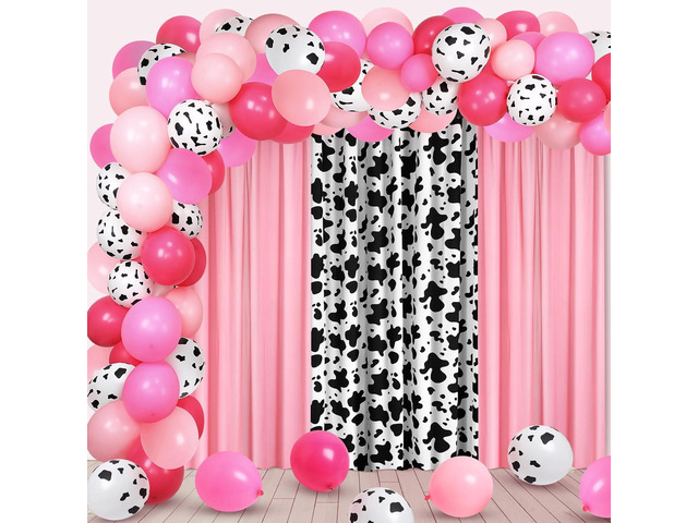 SmoothNovelty 57 Pcs Western Cowgirl Party Decorations 2 Pink and 1 Cow Chiffon Backdrop Curtains 50 Cow Theme Balloons with Accessories for Farm...