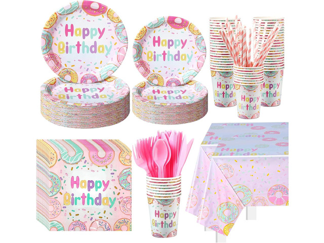 194 Pcs Donut Ice Cream Birthday Party Decorations Supplies 24 Guest Disposable Dinnerware with Tablecloth Paper Plates Cup Napkin Plastic Fork...