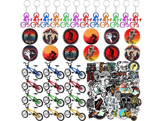 Poen 86 Pcs Bike Party Favor Including 12 Finger Bikes 12 Bike Keychain 12 Button Badges 50 Waterproof Stickers Club Gift Supplies