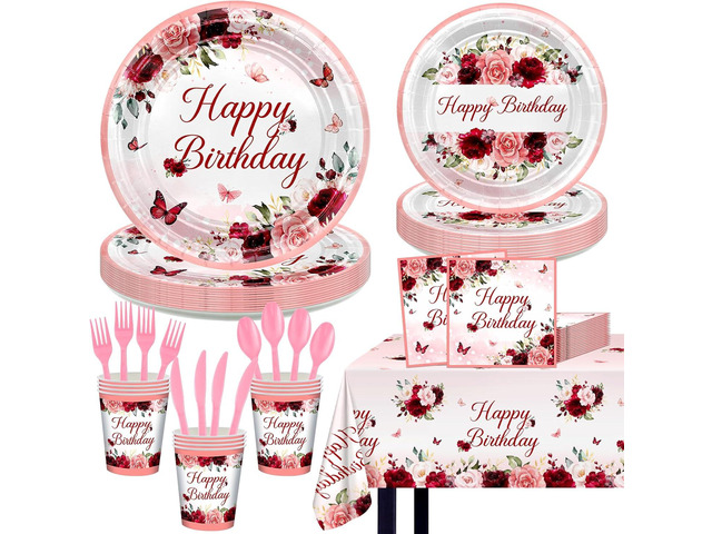 Burgundy Birthday Party Decorations 169 Pcs Burgundy Plates and Napkins Cups Tablecloth Serve 24 Rose Gold Floral Butterfly Party Supplies for...