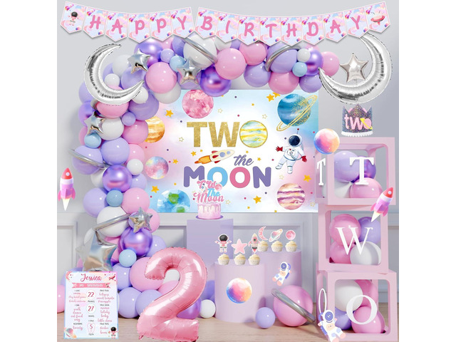 Two the Moon Birthday Decorations Girl, Outer Space 2nd Birthday Party Decorations, Two the Moon Backdrop Cake Cupcake Topper Balloon Garland Two...