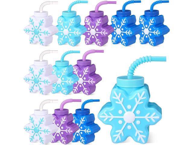 Sliner 12 Pcs Snow Themed Party Favor Winter Snowflake Cup with Straws, 10 oz Plastic Snowflake Shape Cup for Winter Iced Snow Flake Birthday Baby.