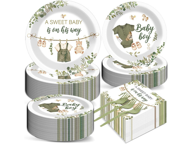 200Pcs Greenery Baby Shower Plates and Napkins Decoration Sage Green Party Tableware Dinnerware Set A Sweet Baby Is On His Way Paper Plates for...