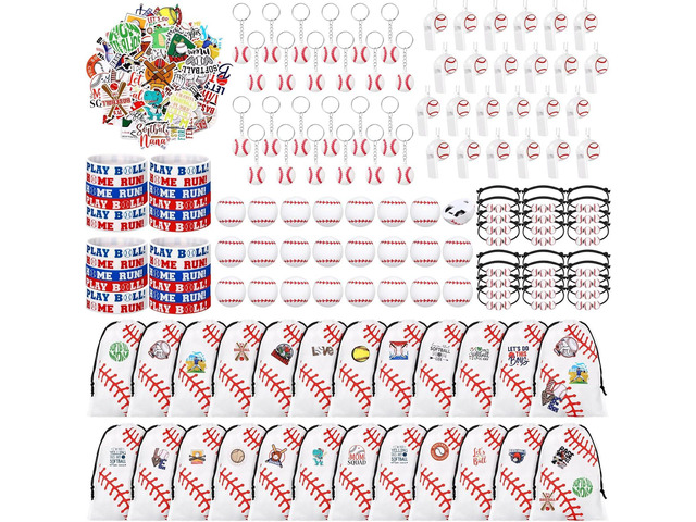Aoriher 194 Pcs Baseball Party Favors Set - Silicone Bracelet, Car Keychain, Whistle for Girls & Boys Birthday Gifts - Sport Themed Party Supplies
