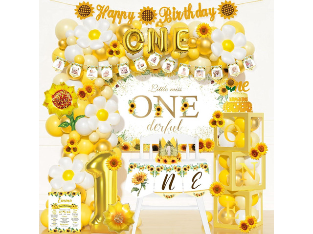 Sunflower First Birthday Decorations, 1st Birthday Decorations Girl, Flower One Year Old Party Supplies, Little Miss Onederful Backdrop Balloon...