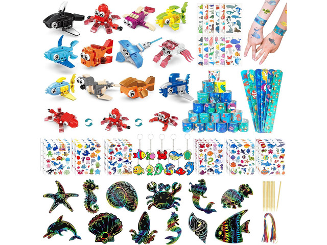 LINAYE 24 Packs Ocean Party Favors for Kids - 144 Pcs Under The Sea Party Favors with Marine Animals Building Blocks, Tattoo Stickers Sheets, Slap...