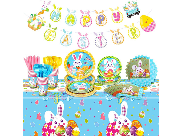 FoldTier 171 Pcs Happy Easter Party Supplies Disposable Easter Tableware Set with Bunny Colorful Eggs Plates Napkins Cups Banner Plastic...