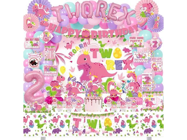 Pink Dinosaur Birthday Decorations for 2nd Girls, Two Rex Girl Dino Theme Party Decor Supplies - Backdrop, Banner, Tablecloth, Centerpieces,...