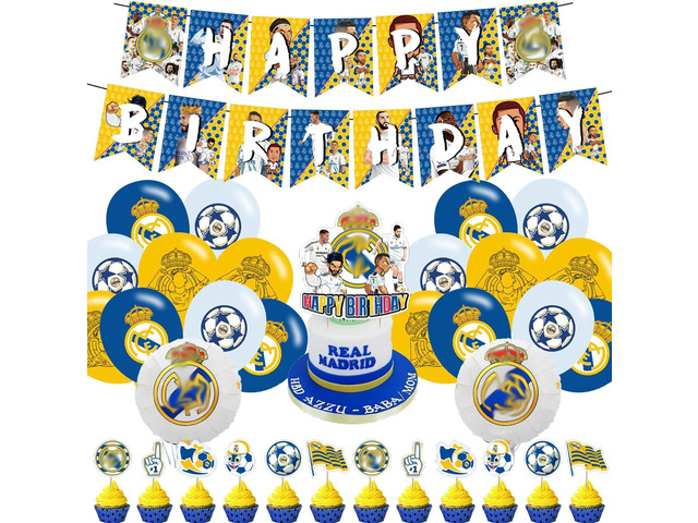 Madrid Soccer CF Birthday Decorations, Soccer Theme Party Supplies with Banner, Cake Topper, Cupcake Toppers, Foil Balloons for Fans Adults...
