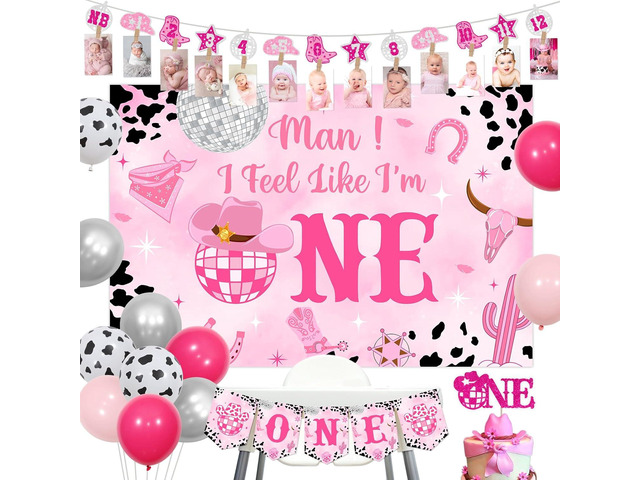 Sursurprise Disco Cowgirl 1st Birthday Decorations, Man I Feel Like Im One Backdrop Cowgirl Photo Banner Balloons for First Rodeo Western Birthday...