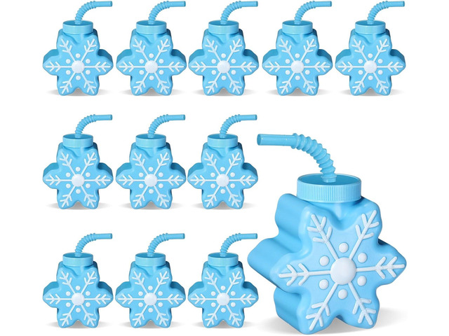 Sliner 12 Pcs Christmas Party Plastic Cups 10 oz Xmas Snowflake Cups Gift Reusable Snowflake Christmas Cup with Lids Straws for Winter Xmas...