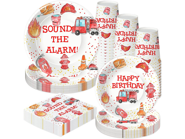 Fire Truck Birthday Party Supplies - Firetruck Firefighter Birthday Party Decorations Tableware Include 9' Fire Truck Party Plates, 7' Plate, Cups,...