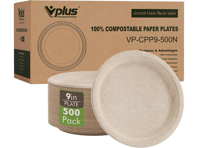 Vplus 500 Pack Paper Plates 9 inch 100% Compostable, Heavy-Duty Disposable Paper Plates Bagasse Natural Biodegradable Eco-Friendly SugarcaneNature