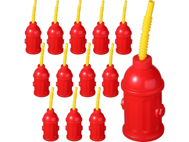Sratte 12 Pcs Fire Hydrant Straws Cups with Lids Firefighter Birthday Party Favors Red Plastic Fire Hydrant Supplies Cups Firetruck Fireman Party...