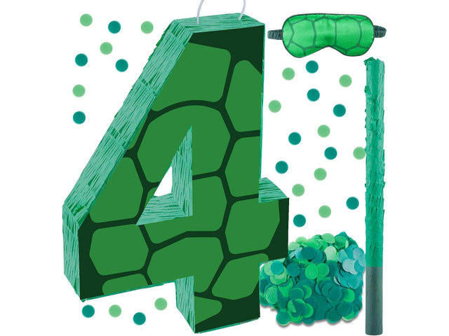 16 Inch Turtle Number 4 Pinata, Turtle Birthday Decorations, Turtle Theme Pinata with 16 Inch Stick Blindfold Confetti for Boy Girl Kids 4th...