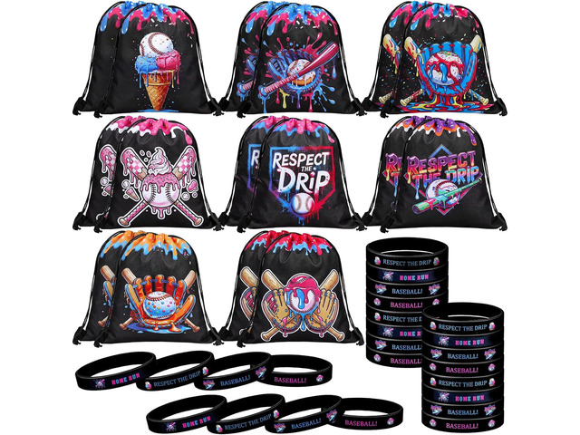 Equsion 32 Pcs Baseball Party Favors Set 16 Baseball Ice Cream Drawstring Goodie Bags 16 Silicone Wristband Respect the Drip Snack Treat Candy Bags...
