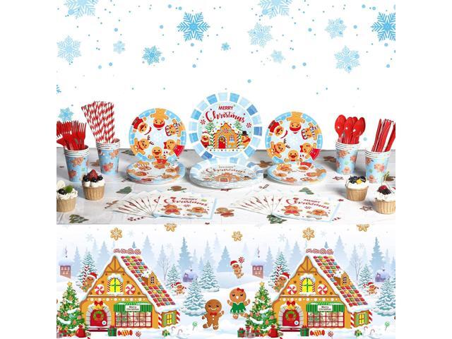 194 Pcs Merry Christmas Party Supplies for 24 Guests Gingerbread Christmas Tableware Set Includes Disposable Paper Plates Napkins Cups Straw.