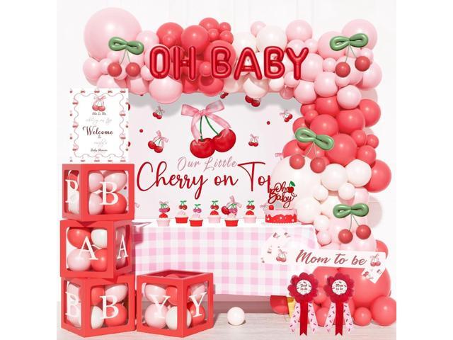 Hombae Cherry on Top Baby Shower Decorations - Baby Girl 136 PCs Cherry Themed Baby Shower Party Supplies with Backdrop, Balloon Garland, Cake...