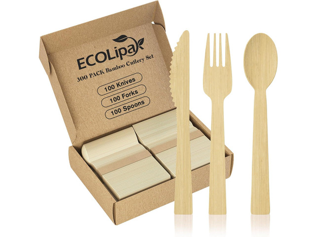 ECOLipak 300 Count Bamboo Cutlery Set, 100 Knives, Forks and Spoons each, No Splinters Disposable Cutlery Set Compostable Utensils for Party,...