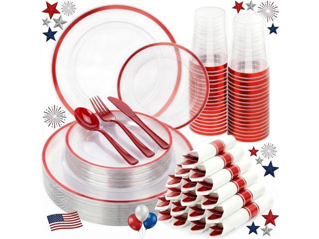 350pcs Plastic Dinnerware Set,Clear & Red Disposable Plastic Plates for 50 Guests Include 100 Plastic Plates,150 Plastic Silverware Set,50 Cups &.
