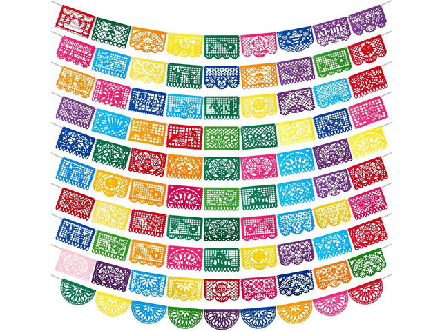 Oudain 10 Pack Mexican Party Banners Fiesta Party Decoration 164 Ft Felt Cinco de Mayo Papel Picado Banner for Mexican Theme Day of the Dead Dia De...