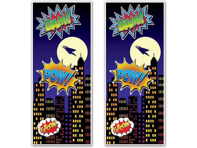 Beistle 2-Piece Hero Door Covers, Superhero Themed Party Decorations, Comic Book Hero Party Accessories, Action Hero Party Supplies, 30' x 6'