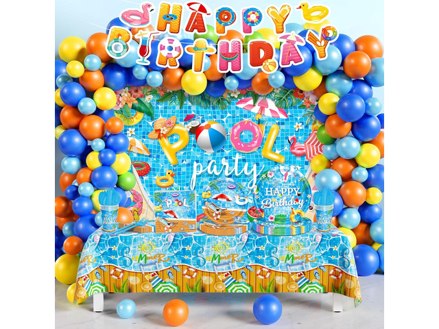 Pool Party Decorations, Summer Beach Pool Themed Birthday Party Supplies with Dinnerware Plate Napkin Cup Balloon Kit Backdrop Tablecloth for Swim...