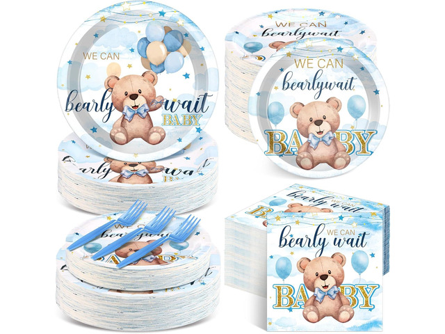 Havawish 250 Pcs Blue Bear Baby Shower Plates and Napkins Decoration We Can Bearly Wait Party Supplies Tableware Set Severs 50 Disposable Plates...
