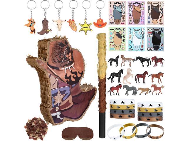 Quelay 15.8'' Western Cowboy Boot Piñata Horse Birthday Party Supplies with Blindfold Stick and Confetti Horse Models Keychains Stickers and...