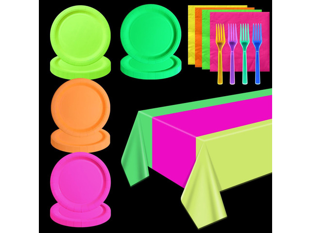 Glow Party Supplies Plates Set for 20 Guests, Including Multi-color Tablecloth, Forks, Napkins and Plates for Glow Birthday Decorations Neon Party...