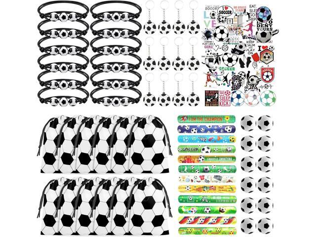 110 Pcs Soccer Party Favors Drawstring Bags Soccer Goodie Bag with Mini Ball, Bracelets, Keychains, Stickers for Soccer Themed Party Supplies