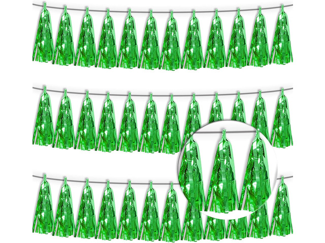 3P Green Tassel Banner Garland Metallic Foil Fringe Banner Tinsel Tassels Streamer Banner Backdrop for Parade Floats, 2025 Graduation Decorations,...