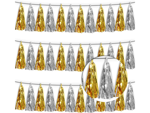 3P Gold Silver Tassel Banner Garland Metallic Foil Fringe Banner Tinsel Tassels Streamer Banner Backdrop for Parade Floats, Graduation Decorations,...